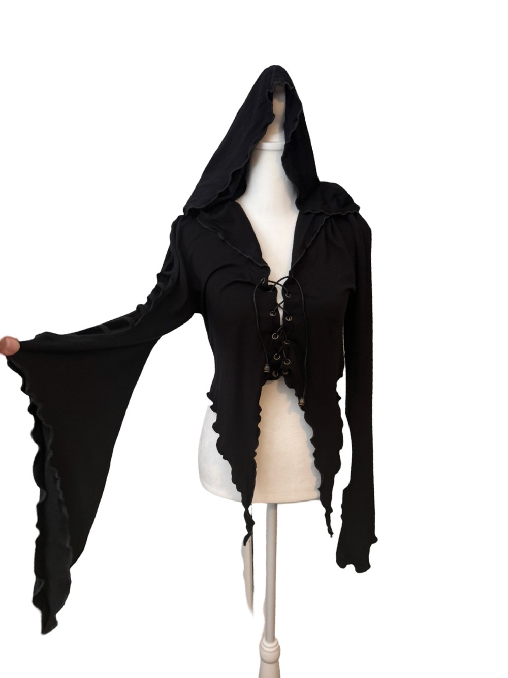 Fairy Grunge Whimsigoth Black Hooded Lace-Up  Bell Sleeves Women's Hoodie Rave